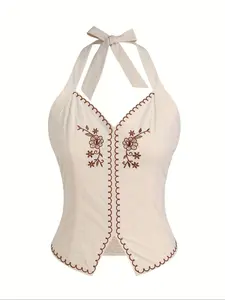 Women's Floral Embroidery Tank Top Cami Halter Neck, Casual Sleeveless Top for Summer, Ladies Clothes for Daily Wear, Womenswear, Embroidered Tank Top