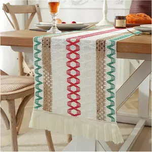 Farmhouse Table Runner with Fringe, Bohemian Kitchen Table Decor, Rustic Dining Table Cloth, Home Wedding Party Christmas Decoration
