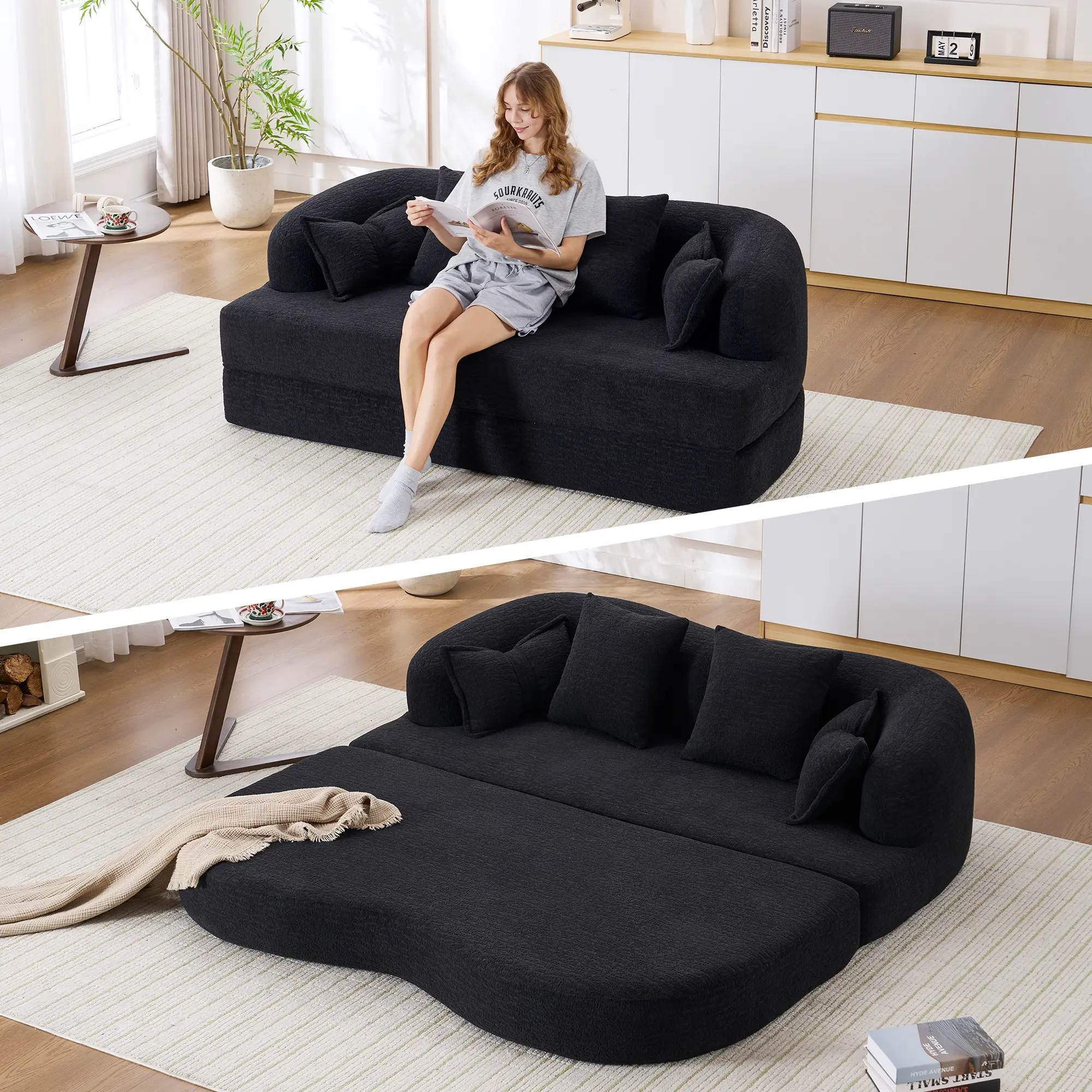 【Sub 1 packages】Niccae 2-in-1 Foldable Sofa Bed,70 Inch Folding Boneless Couch Convertible Compressed Sleeper Sofabed, 4 Pillows for Living Room Apartment, Black