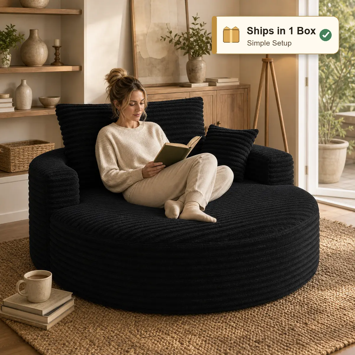 50" Oversized Round Chaise Lounge Chair - Boneless Floor Sofa, No-Assembly Ribbed Flannel Comfy Couch, 42" Deep Seat, 2 Pillows, 300 lb Capacity, Indoor Lounge Furniture, Clean Look Space Saving Furniture for Bedroom Reading & Naps, Cloud Couch