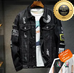 Men's Flag Letters Patch Design Painted Denim Jacket Slim Fit Skull Badge Patchwork Long Sleeve Jean Coat clothing outfit