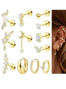 12 Pcs Plain Back Stud Earrings, Stainless Steel Zirconia, Sporty Rhinestone Design, All Seasons, Women's Ear Piercing Set