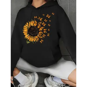 Sunflower Butterfly Print Kangaroo Pocket Hoodie For Women Casual Long Sleeve Drawstring Hooded Sweatshirt