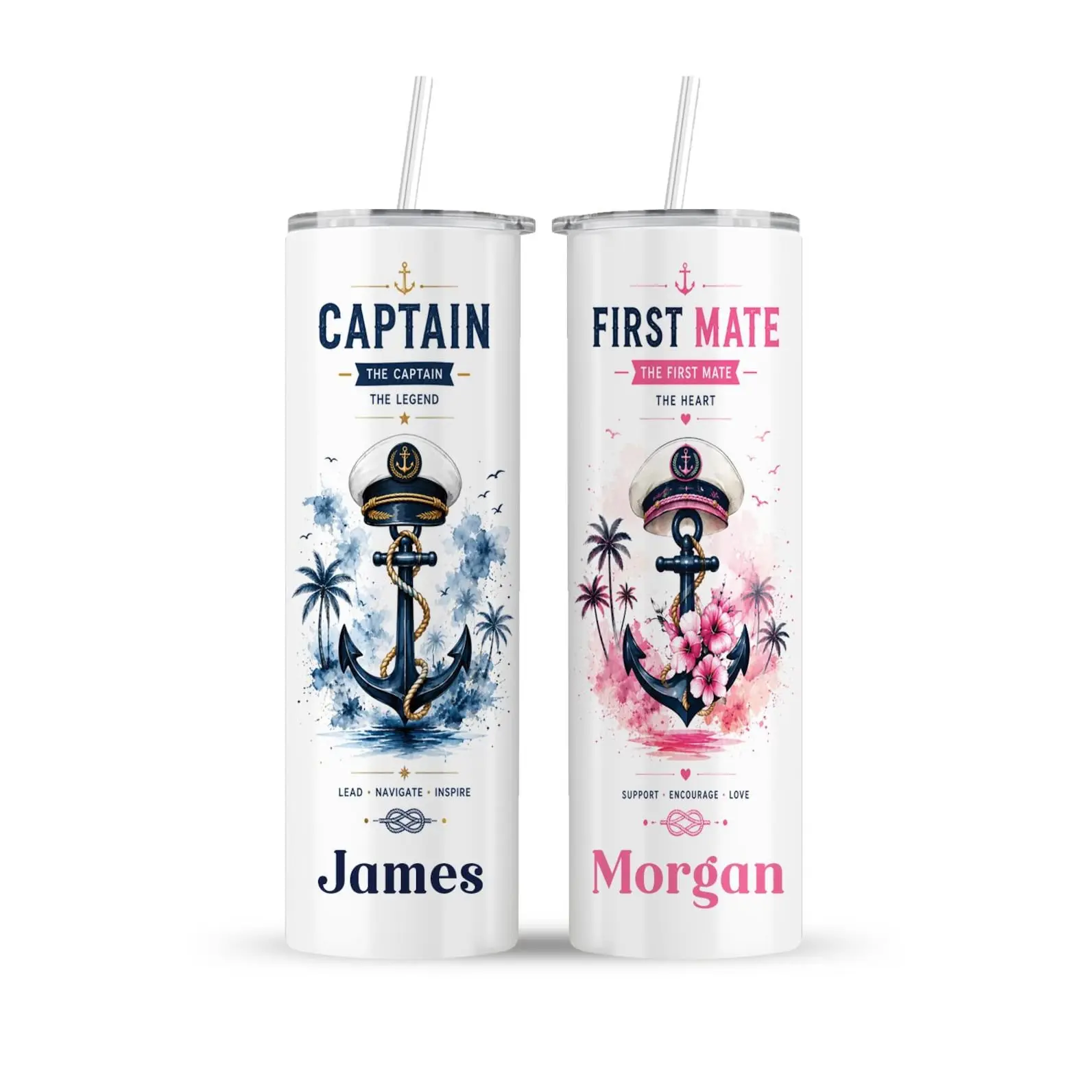 2PCS Stainless Steel Straw Tumblers - 20oz Insulated Leakproof Portable Couples Drinkware, Durable Beach Vacation Gift, Personalized His & Hers Keepsake (Send custom content/photos via SHOP CHAT)