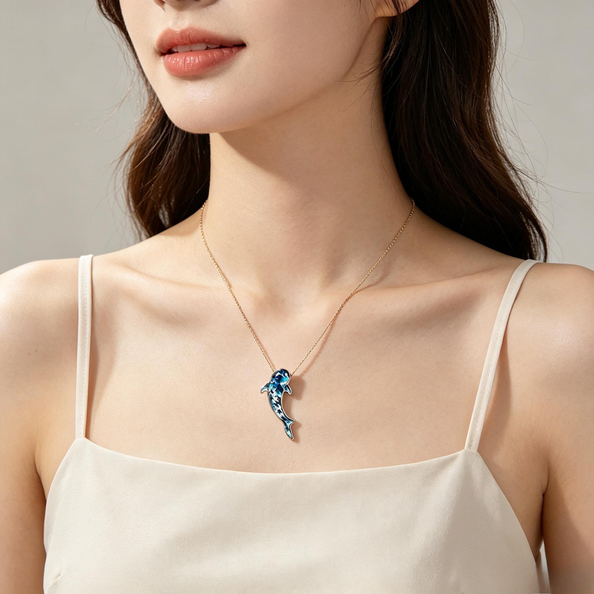 Women's Blue Whale Shark Pendant Necklace - Dainty Ocean-Inspired Collarbone Chain, Elegant Beach Jewelry Gift