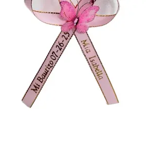 Personalized Quinceañera & Baptism Ribbons Customized Event Decorations with White Rose Accent for Special Celebrations Ribbon with Custom Notes for Quinceañera & Baptism Events
