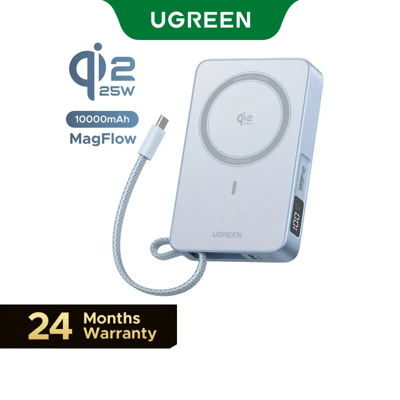 UGREEN MagFlow 10000mAh Power Bank Qi2 25W Certified Wireless Charging Magnetic Portable Charger for MagSafe with Built-in Cable 30W USB-C Battery Packfor iPhone17 Pro Max/Pixel 10 Pro XL,DealsForYouDays
