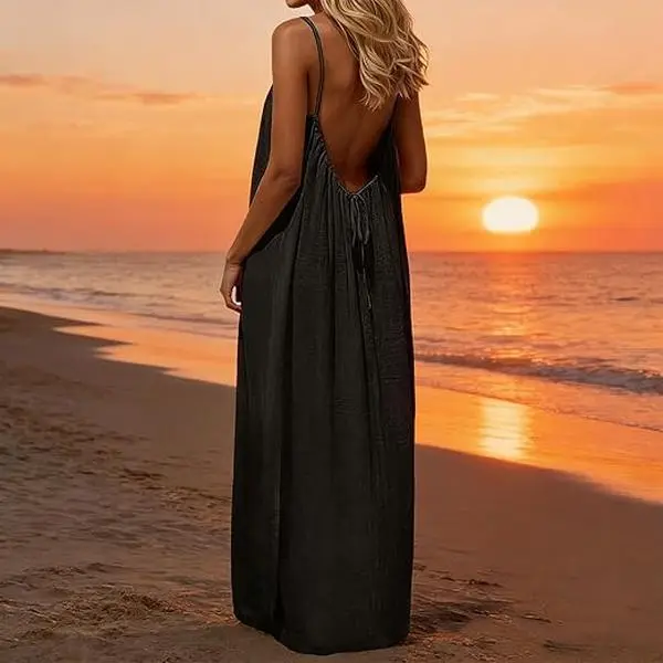 Women’s Sleeveless Low Scoop Neck Casual Bohemian Spaghetti Strap Backless 100% Polyester Pleated Drape Maxi Dress - Adjustable Back Tie, Thin Minimalist Comfy Loose-Fit Cami, Breathable Solid Color Sundress, Machine Washable Beach Cover-Up Nightdress