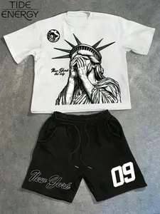 Men's New York Statue of Liberty Print Casual Shorts Set, Loose Fit Street Style Sports Wear, Digital 09 Print, Daily & Summer
