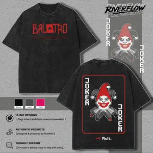Balatro Joker Pixel Art Double-Sided T-Shirt – Vintage Washed Oversize Unisex Tee, Indie Card Game Inspired Streetwear tee unisex heavyweight cotton t-shirt washed vintage t-shirt Casual Menswear