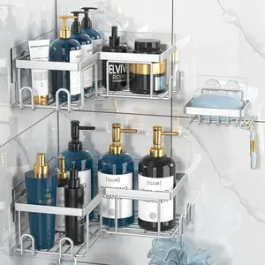 Adhesive Corner Shower Caddy - No Drilling Wall Mounted Shower Shelves-Rustproof, Organizer for Bathroom with Soap Holder. Silver