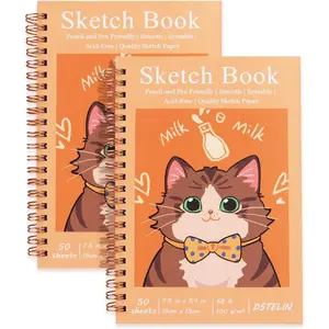 2 Pack Spiral Bound Sketchbooks (100 GSM Sketch Paper), 50 Sheets per Pack, 7.5" x 5.1" Sketchbook with Yellow Hard Cover for Painting, Drawing and Sketching