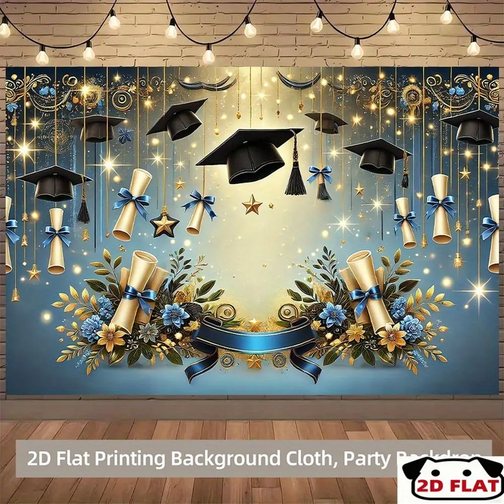 1PC,2D Flat Backdrop Graduation Ceremony Decoration Backdrop, Bachelor Cap & Diploma Scroll Themed Party Backdrop, Photo Background Curtain for Graduation Party, Festive Event Decoration Background Wa