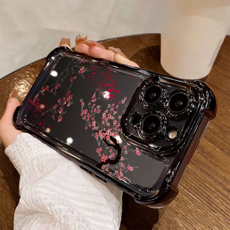 Electroplated Four Corner Anti-Fall Cherry Blossom Flower Pattern Phone Case for iPhone 16 Pro Max 15 Plus 14 13 12 11 E Shockproof Transparent Protective Cover
