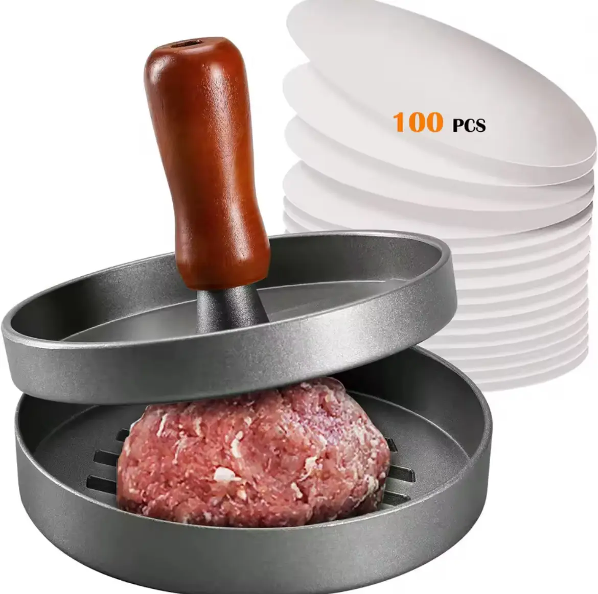 Stainless Steel Burger Press Patty Maker with Wood Handle, Non-Stick Meat Mold, 100 Patty Papers, Crab Prep & Sausage Tool, BBQ Grilling Kitchen Utensils
