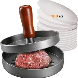 Burger Press Patty Maker Stainless Steel Hamburger Patty Press Mold Wood Handle Non-Stick with 100 Patty Papers