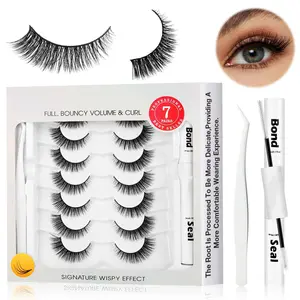 Wispy False Eyelashes Kit RQ45 - 7 Pairs Natural Look Fake Cat Eye Lashes Strips Thin Band Extensions Waterproof Easy for Beginners with Bond Seal Tweezer Makeup Daily Glam Flawless 12-Hour Wear Cosmetic