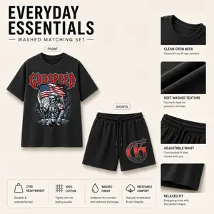 Godspeed USA Oversized Vintage Washed Tshirt & Short Set Streetwear Graphic Print 2 Piece Matching Set, Y2K Hip Hop outdoorfun
