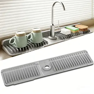 24 Inch Faucet Mat for Kitchen Sink Longer Silicone Splash Guard 7° Slope Self-Draining Dish Soap Holder & Drying Mat for Utensils
