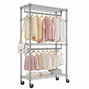 Heavy Duty Rolling Chrome Garment Rack, 3‑Tier Adjustable Wire Shelving Storage Rack with 2 Hanging Rods & Side Hooks, Mobile Closet Organizer with Wheels, 15.7"D x 29.5"W x 74.5"H