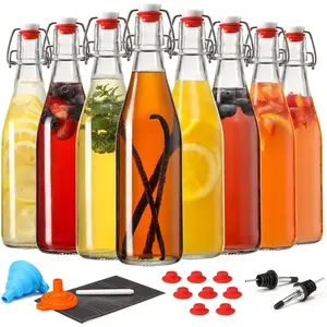 8 Set 16 OZ Swing Top Glass Bottles - Flip Top Beer Brewing Bottles with Stopper for Fermentation, Kombucha, Mead Kefir, Vanilla Extract, Juice, Tea, Wine, Soda - Airtight Cap Lids, Bonus 2 Pourers