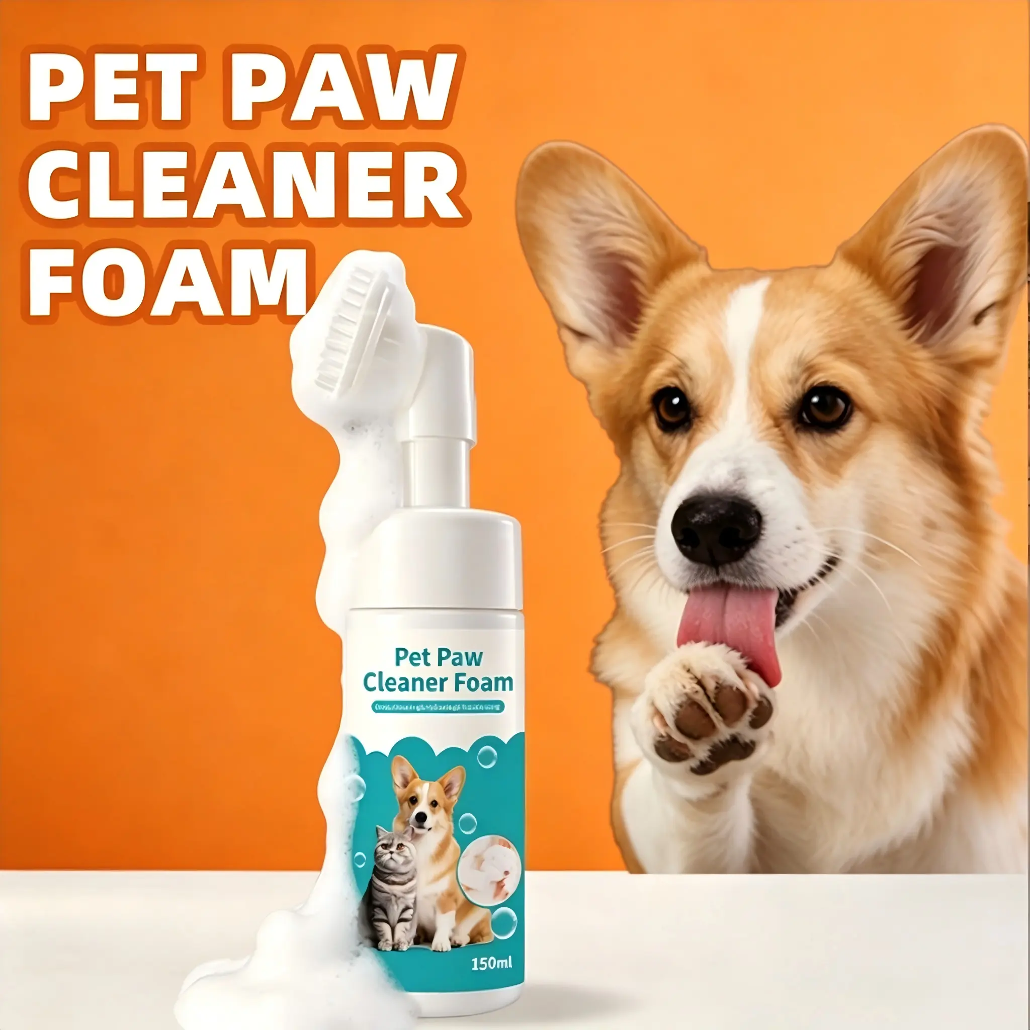 Pet Paw Cleaner Foam for Dogs & Cats, 150ml No Rinse Waterless Paw Cleaning Foam with Built-in Brush, Gentle Deep Cleansing for Dirty Paws, Safe & Non-Irritating