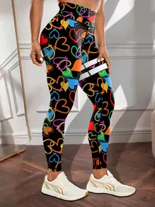 Women's All Over Heart Print, Casual Comfy Breathable Skinny Pants for Yoga Gym Workout, Ladies Bottoms for All Seasons, Comfy Stretchy Leggings, Sports Groove Leggings