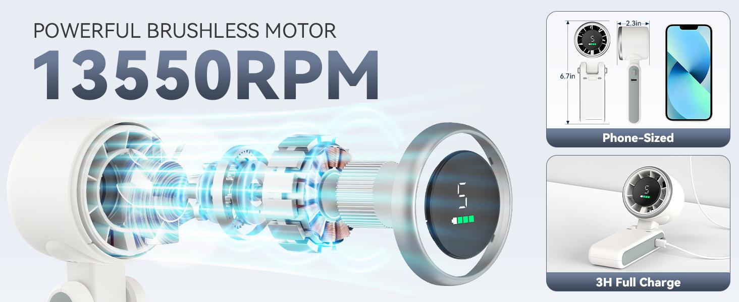 Portable Handheld Turbo Fan, 5 Gear Wind, Battery Operated, Up to 12 Working Hours, 3 IN 1 Hand Fans with Air Turbo Tech Cooling Fan for Outdoor Activities, Travel, Beach (White)