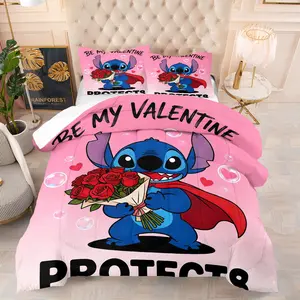 Valentine's Day Themed Stitch Cute Cartoon Pattern Quilt Set, Including 1 Blanket And 1 Or 2 Pillowcases Without a Core, Suitable For Bedding Sets In Family Bedrooms And Dormitories, And Can Be Used As Valentine's Day Gifts