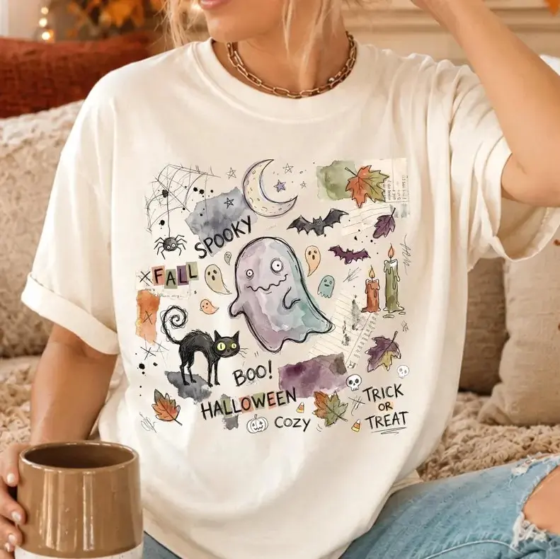 Comfort Colors Cute Ghost Halloween Shirt, Watercolor Spooky Tee, Cozy Fall Graphic Tee, Black Cat Shirt, Cute Halloween T-Shirt