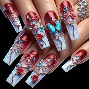 [Long Square Fake Nails] 24pcs Long Square Fake Nails | Blue Butterfly Red Gradient Wearing Nail Design | Bright Nail Patch Detachable Fake Nails