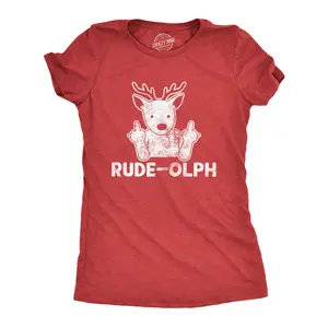 Womens Rude-olph T Shirt Funny Christmas Rudolph The Reindeer Middle Finger Tee Funny Womens T Shirts Cute Vintage Fashion Casual Ladies T-Shirt Gift Christmas Tops for Women Women's Novelty Tees Red