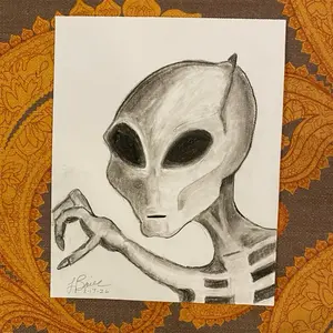 Alien Charcoal Drawing 9 x 12 Inches Artwork Featuring an Intricate Alien Figure in Monochrome Style