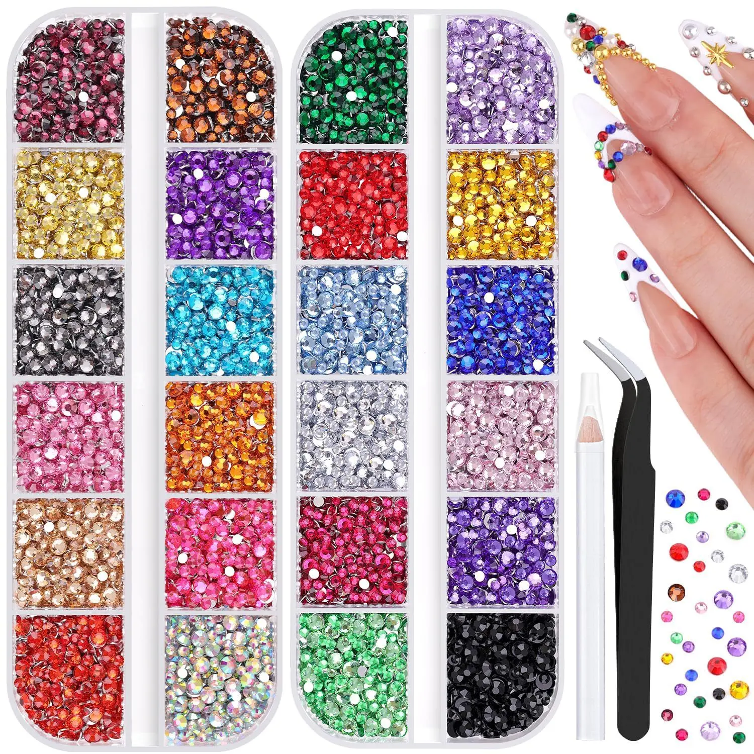 10000Pcs Small Resin Rhinestones for Nail Art, Colorful 2/3MM Flatback Bedazzling Gems, Nail Rhinestones and Gems Crystals Charms for Acrylic Tips Manicure Decor | Colorful Rhinestones Kit with Tweezers and Pick-up Pencil