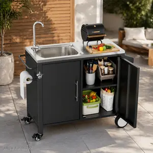 304 Stainless Steel Portable Outdoor Grill Table - Lockable Wheels, Sink, Cabinet, Rack, Storage Bins, 38" L x 18" W x 35" H Indoor Kitchen Stainless Steel BBQ Sink Station Cart, Easy-Setup Modern Outdoor Furniture