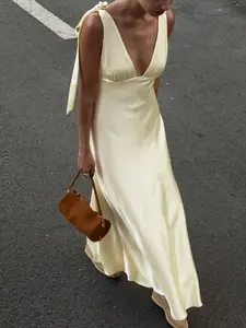 JADEE 2026 Spring Summer New Satin Texture Bow Strap Deep V Neck Champagne Formal Evening Dress for Women Party