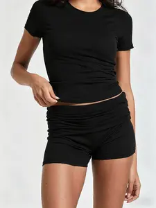 Women's Casual Workout Two Piece Outfits Slim Short Sleeve Low Waist Foldover Shorts Tracksuit Sets Streetwear in Premium Viscose Spandex Blend - Fabric, Clothes