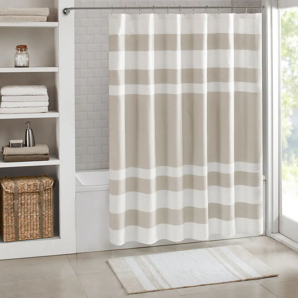 Madison Park Shower Curtain, Waffle Weave, Pieced Design Fabric Shower Curtain with 3M Scotchgard Moisture Management, Premium Spa Quality Modern Shower Curtains for Bathroom