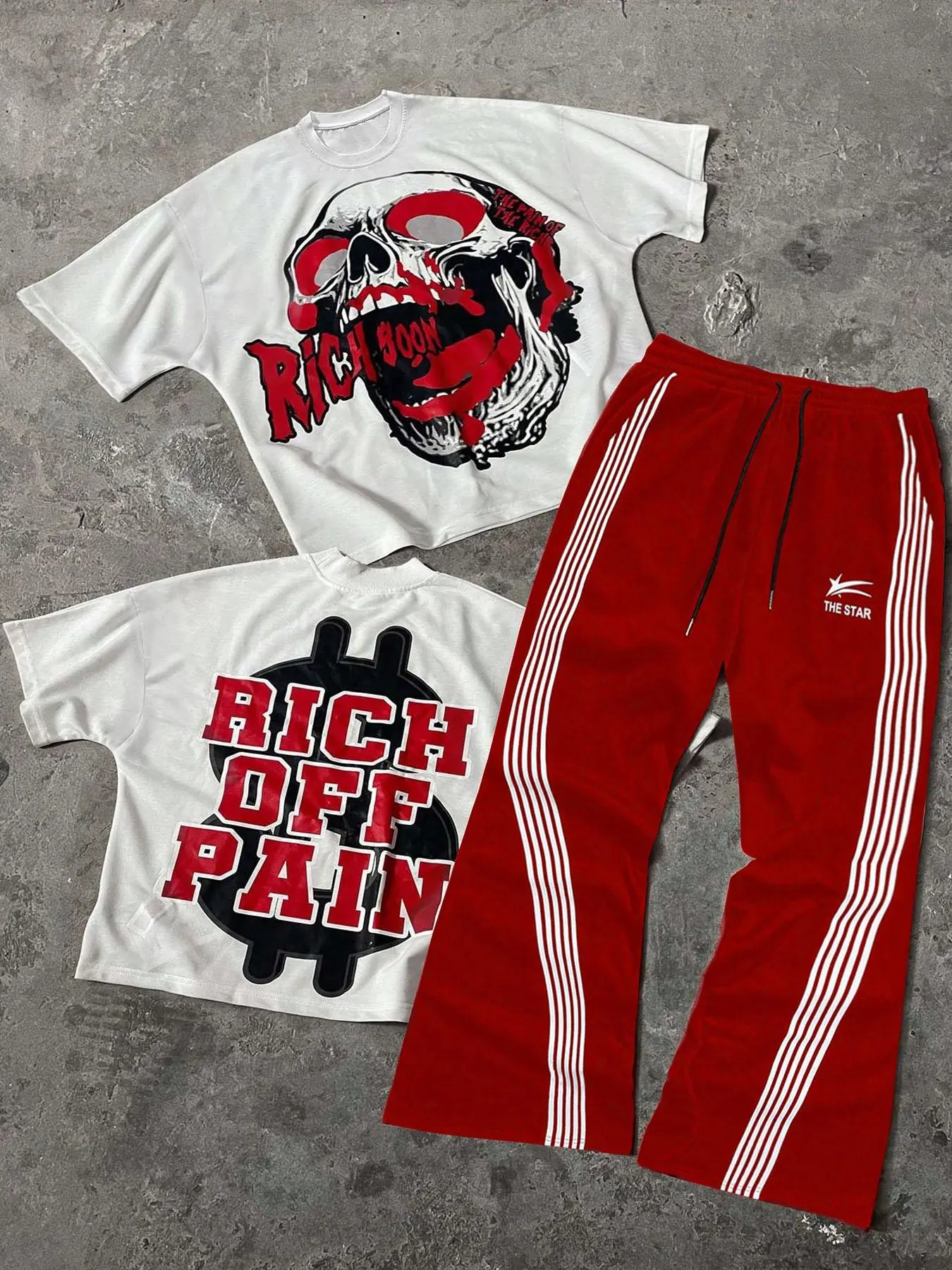 Two-Piece Set Menswear Men's Cartoon Skull Print Tee & Tracksuit Pants, Regular Fit Casual Fashion Round Neck Short Sleeve T-shirt & Letter Print Sweatpants, Men Two-piece for All Seasons