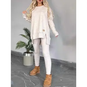 Cross Border Fall/Winter-Selling Women's Top Slit Long Sleeve Crew Neck Casual Solid Color Velvet Suit Womenswear Clothes