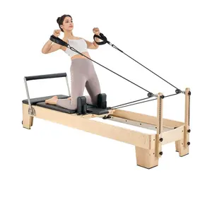 VEVOR Foldable Pilates Reformer, Wooden Pilates Workout Machine for Home Gym Studio Use, Pilates Bed with Dual Resistance- Spring Cord, Reformer Set with Sitting Box, Up to 400 LBS