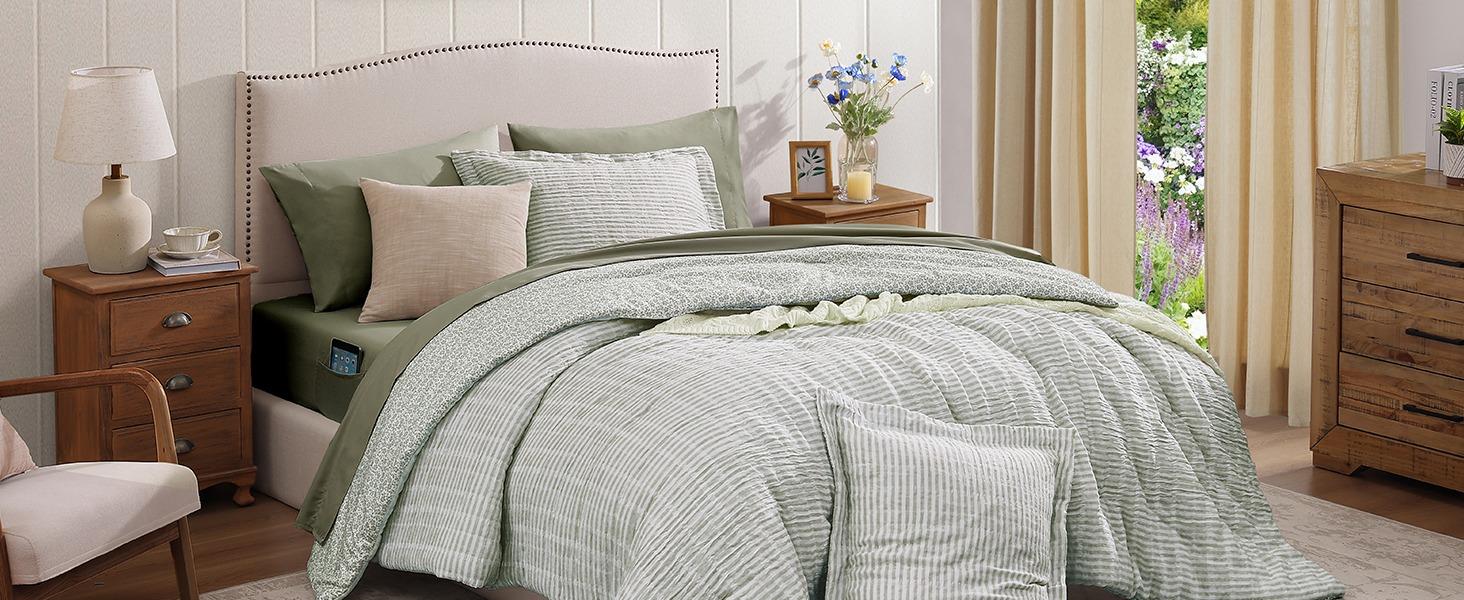Full Comforter Set - 7 Pieces Green Gauze Muslin Bedding Sets for All Seasons, Lightweight Breathable Bed in a Bag Full with Revesible Farmhouse Comforter, Sheets, Pillowcases & Shams