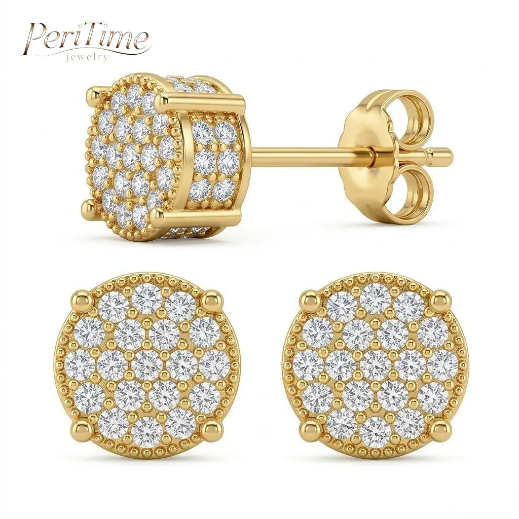 PERITIME Luxury Hip-Hop Iced-Out Earrings, CZ Bling Studs for Men & Women, Gold-Tone, Street Style, Party, Club, Concert, Birthday & Christmas Gift