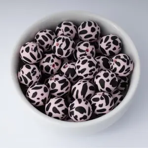 Black and Pink Cow Silicone Beads Printed Round Silicone Beads