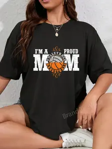 100% Cotton Unisex I'm a Proud Basketball Volleyball Mom - Combined Sports T-Shirt Graphic Casual Round Neck Tee