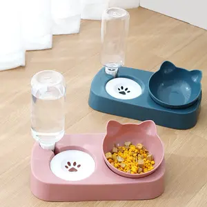Pet Water and Feeder Set, Cat Dog Automatic Waterer and Elevated Bowl, Pet 15° Tilted Water and Food Bowl Set with Automatic Water Bottle for Small or Medium Size Dogs Cats