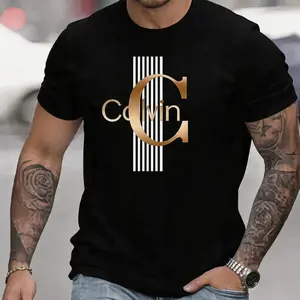 Men'S Casual Graphic T-Shirt - Bold Letter Print with Black Stripes & Golden Accents, Breathable Round Neck Summer Streetwear, Machine Washable, Comfortable Everyday Fashion Tee, Everyday Tshirt |Bold Letter Print |Comfortable Fit, T Shir Cotton