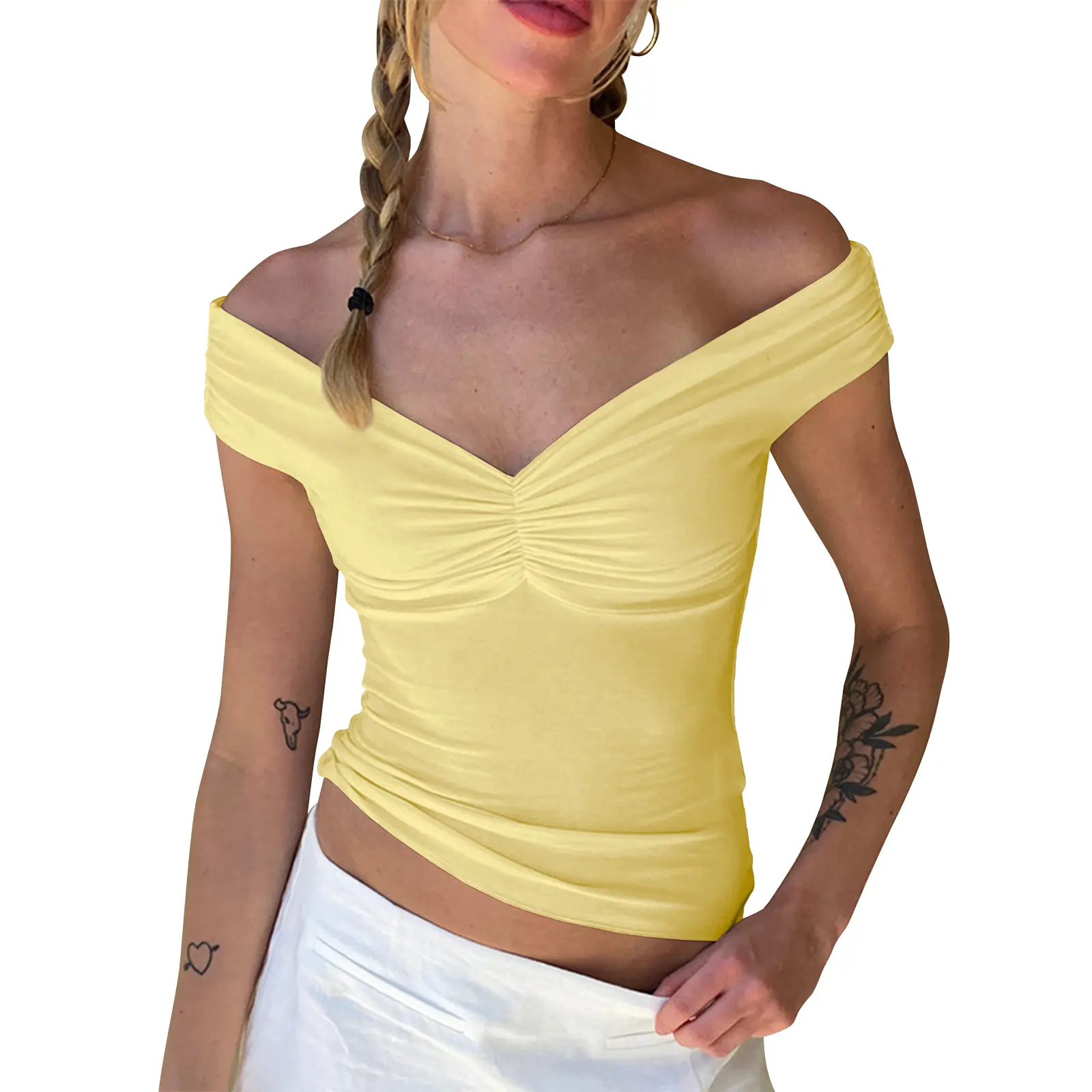 Cakulo Women's Yellow Polyester Fabric Off-The-Shoulder Sleeveless Backless V-Neck Slim-Fit Cropped Top - Y2K Summer Comfortable Stretchy Casual T-Shirt Blouse Cami Cardigan Blazer Elastic Elegant Fitted Lightweight Ruched Womenswear Solid