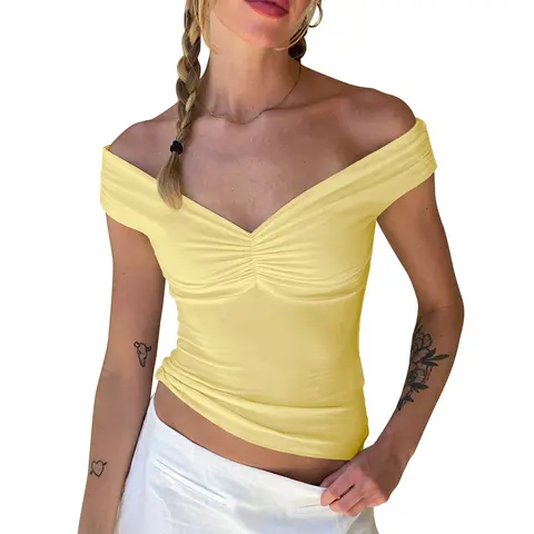 Cakulo Women's Yellow Polyester Fitted Cropped Top - Off-The-Shoulder, Sleeveless, Backless, Layer-Ready V-Neck, Ruched Front, Stretchy, Lightweight, Elastic, Elegant Solid Y2K Tops for Women, Summer Casual Party Cami Blouse