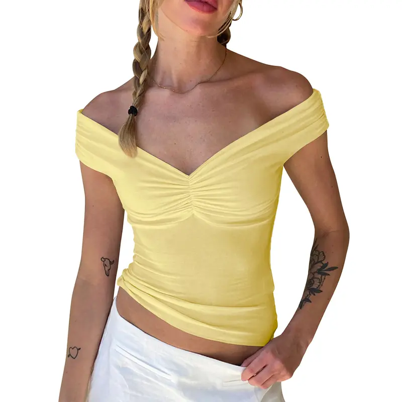 Cakulo Women's Yellow Polyester Fitted Cropped Top - Off-The-Shoulder, Sleeveless, Backless, Layer-Ready V-Neck, Ruched Front, Stretchy, Lightweight, Elastic, Elegant Solid Y2K Tops for Women, Summer Casual Party Cami Blouse